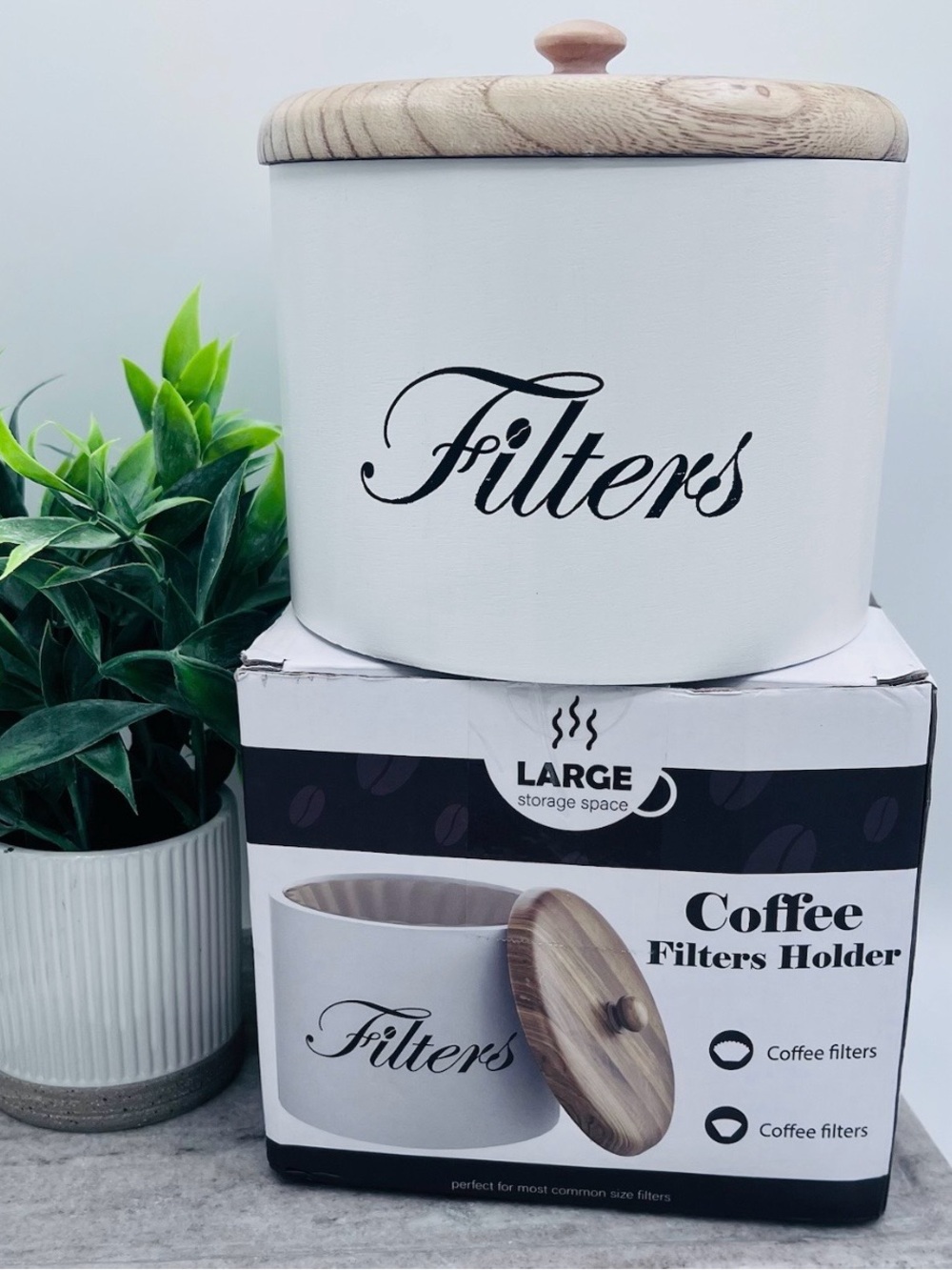 White Wooden Coffee Filter Holder Lid Basket Storage Container Counter